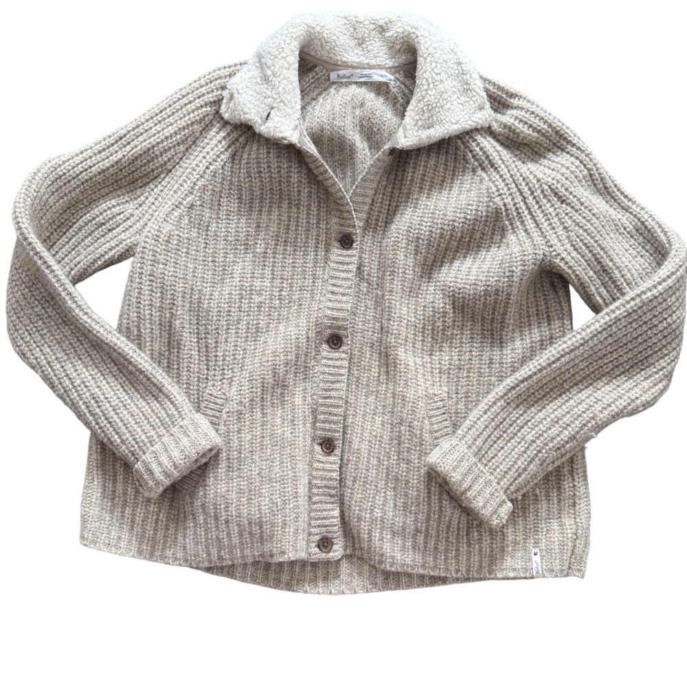 Woolrich 100%‎ Wool Sherpa Collar Cardigan Sweater XL Beige Button Warm Pockets